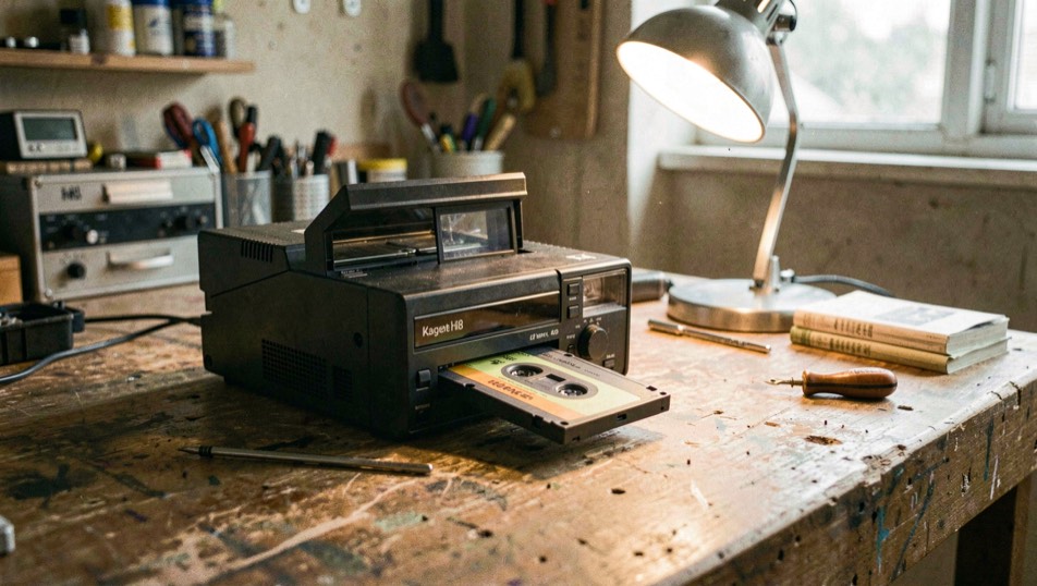 Magnétoscope Hi8 ouvert posé sur une table d'atelier, une cassette sortante éclairée par une lampe d'appoint