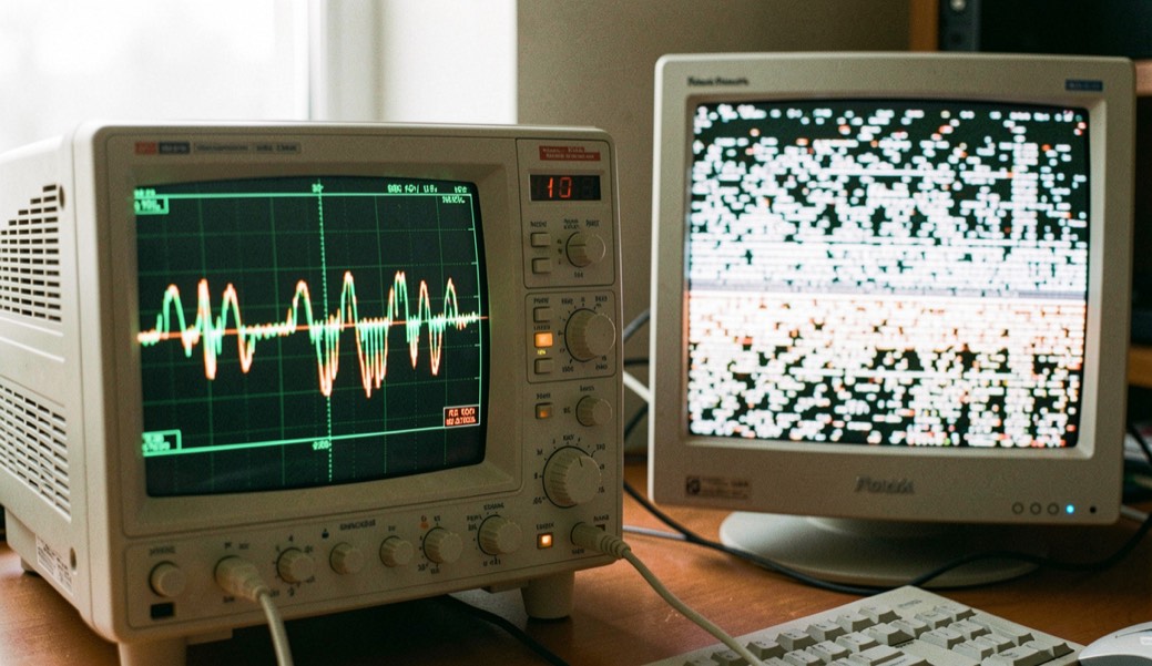 Oscilloscope affichant une forme d'onde instable, à côté d'un moniteur montrant une image saturée et rayée