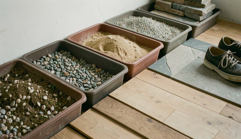 Rangée de bacs de sol au pied d’un mur de studio, gravier, sable, dalles de pierre et lattes de parquet, une paire de chaussures posée au bord