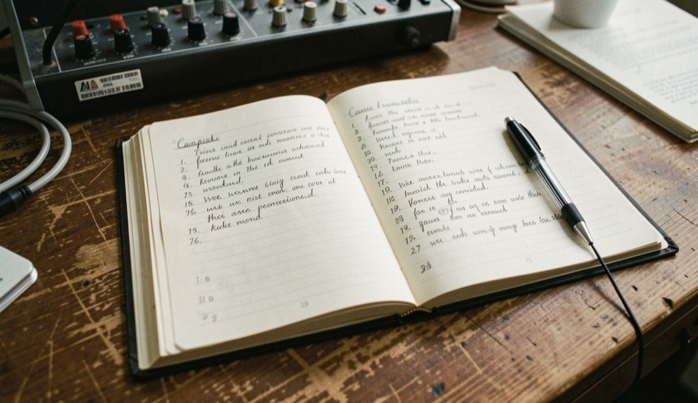 Cahier ouvert sur une table de régie, pages manuscrites numérotées, stylo posé sur la colonne de droite