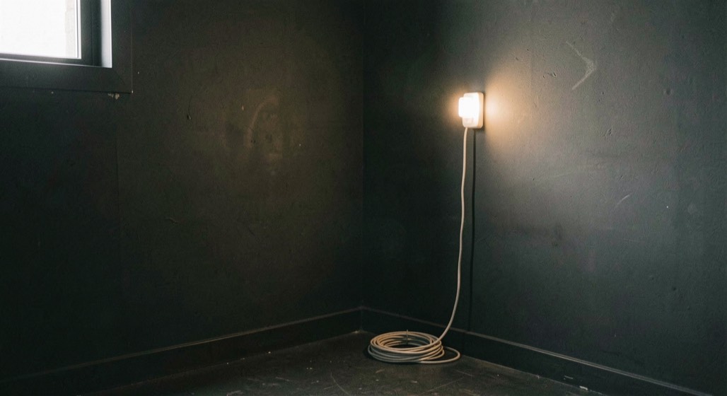 Interrupteur lumineux sur un mur sombre de salle de projection, un seul câble pendant, pelote posée au sol