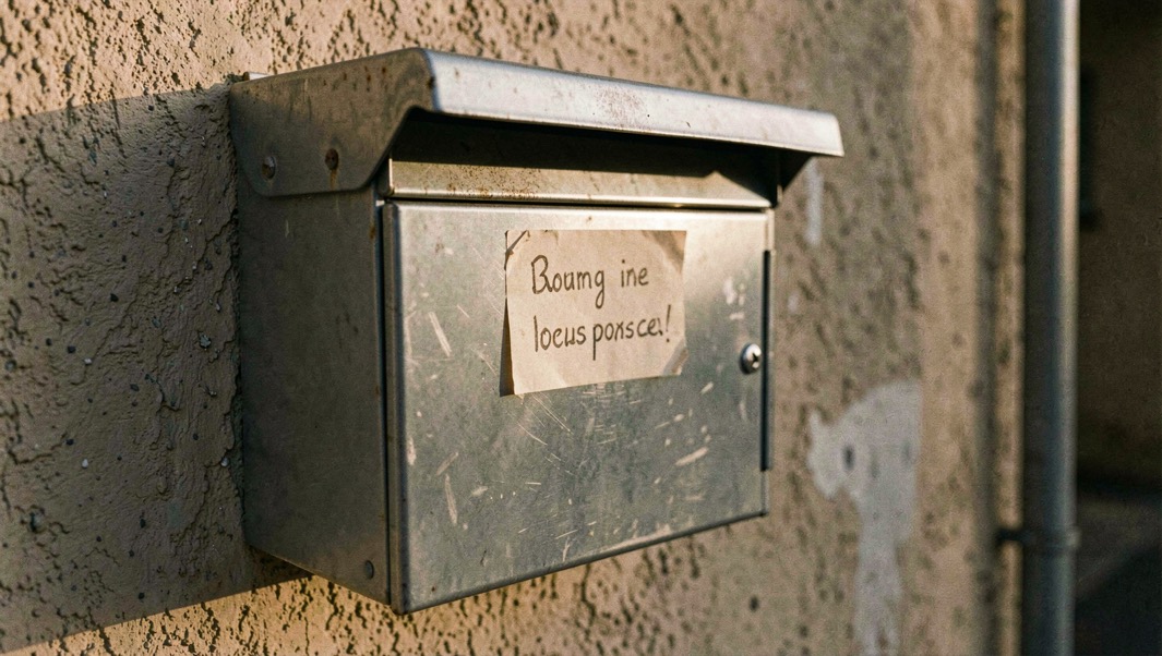 Boîte aux lettres métallique montée sur un mur de régie, étiquette manuscrite, lumière rasante du soir