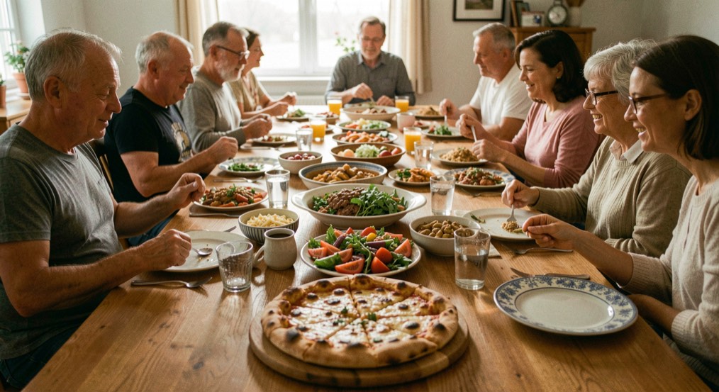 Table de cantine dressée dans une lumière chaude, grand plat familial entouré de plats et d’un pain au premier plan