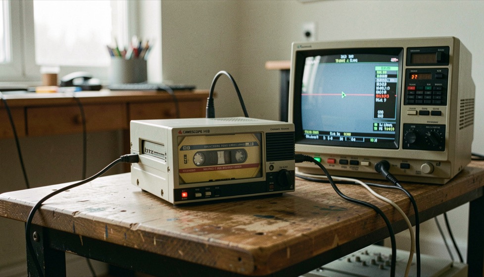 Camescope Hi8 posé sur un banc de reprise, cassette demi-insérée, écran de contrôle branché à côté