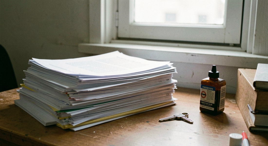 Pile de documents imprimés sur un bureau, tampon encreur à côté, fenêtre fermée en arrière-plan