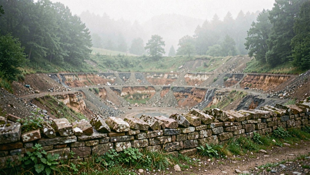Ruines et strates d’une ancienne carrière dans la brume verte du Revermont, murets de pierre sèche au premier plan