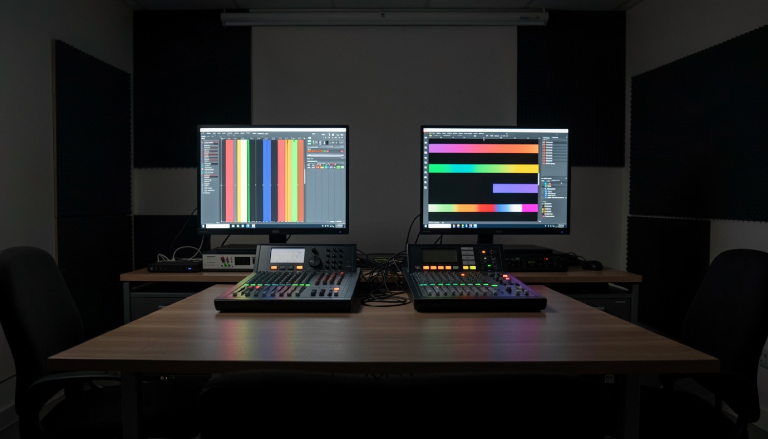 Banc de montage image et son, deux moniteurs, table de mixage et clavier éclairés dans une pièce sombre