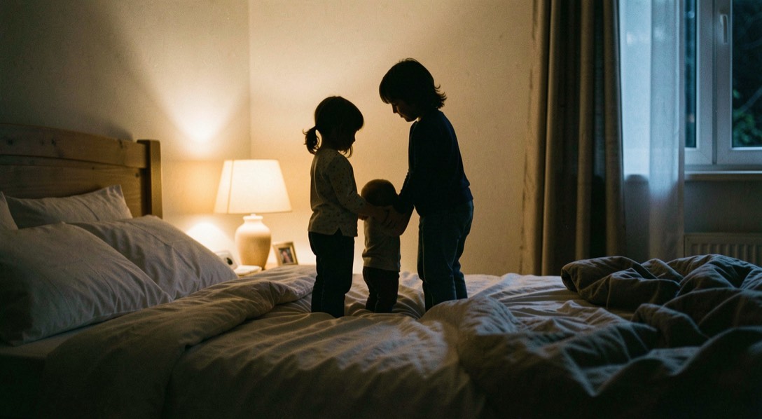 Veilleuse chaude allumée dans une chambre sombre, silhouettes stylisées d’une famille au premier plan de l’image
