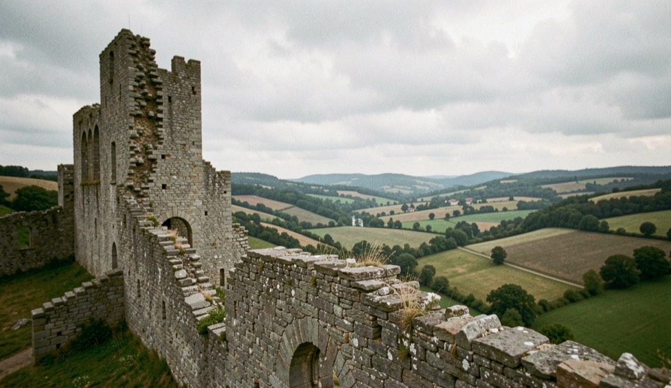 Ruines de château médiéval dominant un vallon, masses de pierre grise et ciel couvert au-dessus de la vallée