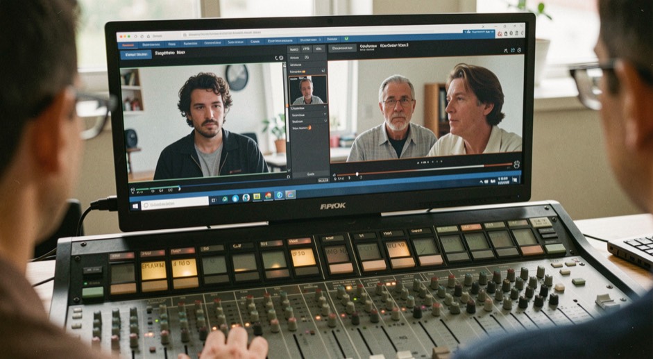 Mains d'opérateur sur une console de mixage vidéo, deux sources affichées côte à côte sur un moniteur