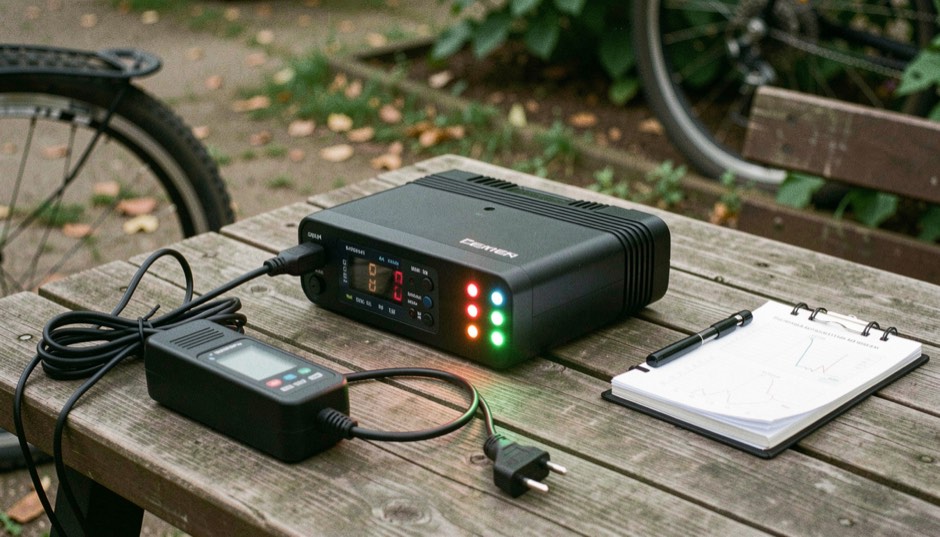 Batterie de vélo électrique posée sur un banc de régie, segments de charge allumés, câble de chargeur et calepin de mesures à côté